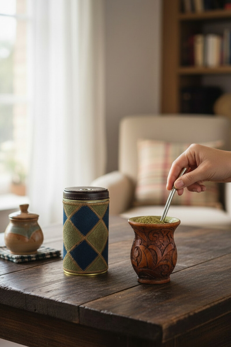 Yerbera c/ detalle pecari rombo puzzle Azul