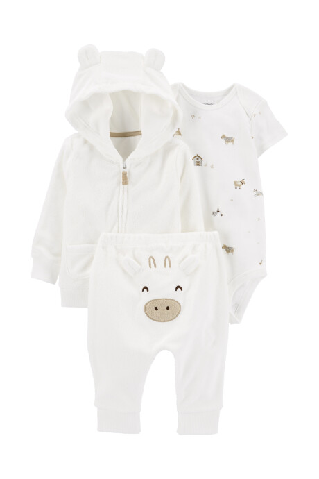 Set tres piezas campera y pantalón de terry más body, diseño vaca Set tres piezas campera y pantalón de terry más body, diseño vaca