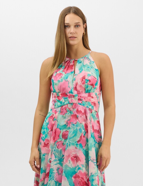 Vestido Largo Estampado Floral Con Cuello Halter MULTI/ROSA