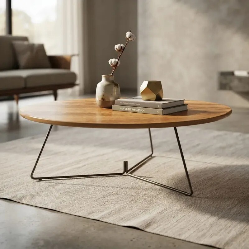 MESA DE CENTRO REDONDA - MADERA COLOR MIEL Y PIE EN METAL GRAFITO - 90cms MESA DE CENTRO REDONDA - MADERA COLOR MIEL Y PIE EN METAL GRAFITO - 90cms