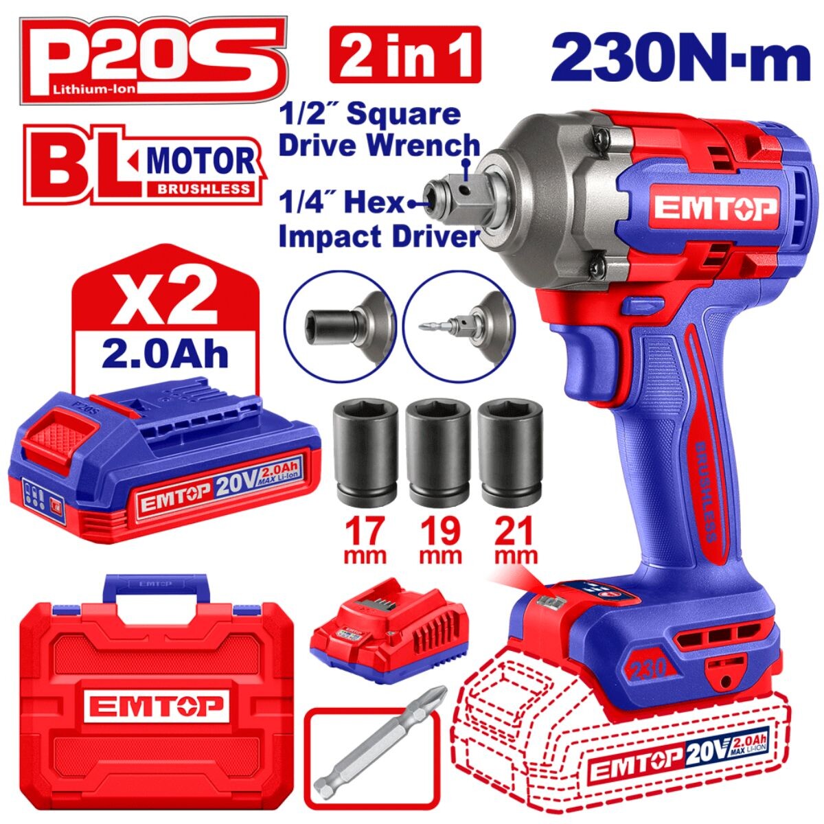 LLAVE IMPACTO 20V C/BAT 2EN1 ECIWL20236 EMTOP Llave Impacto 20v C/bat 2en1 Eciwl20236 Emtop