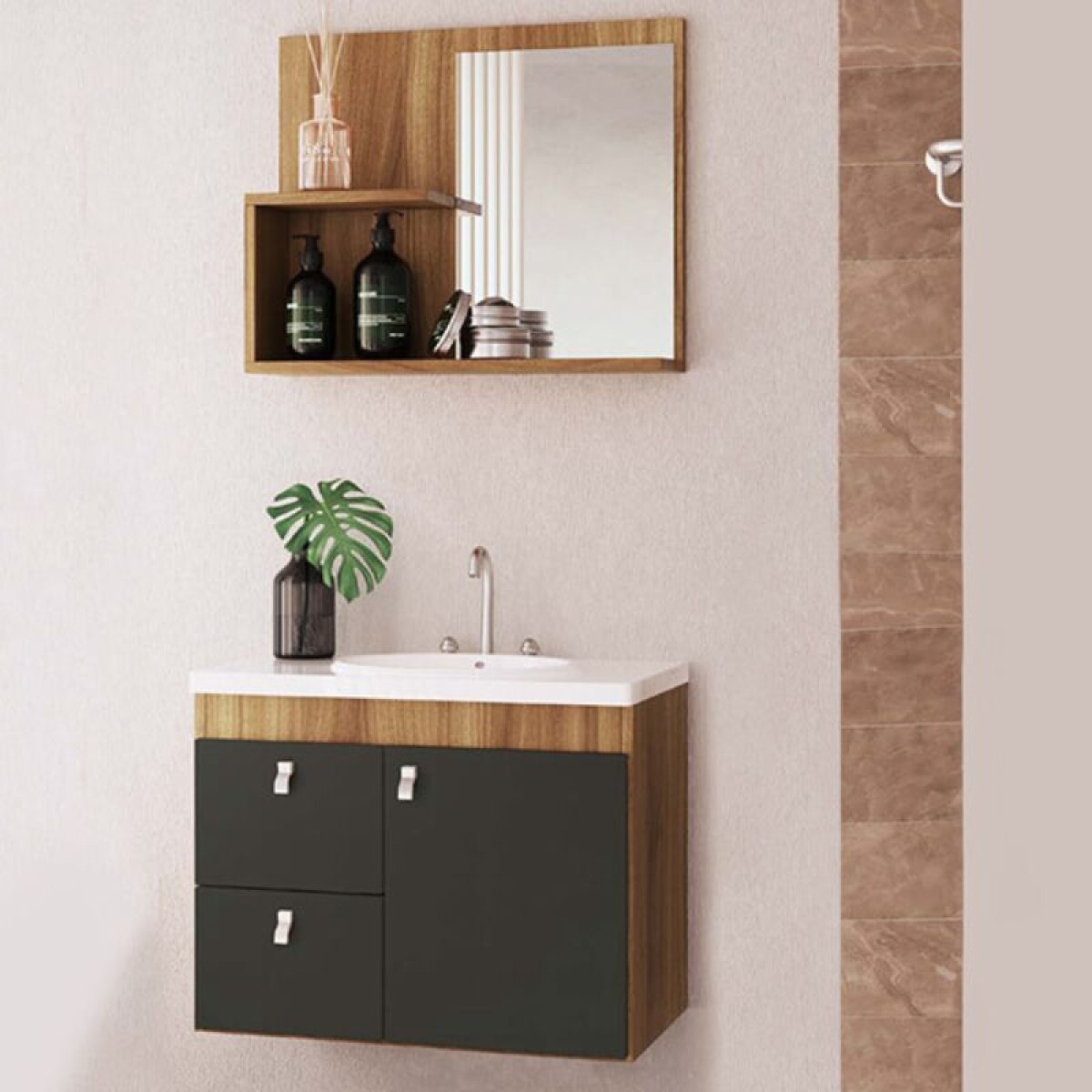 MUEBLE DE BAÑO SUSPENDIDO 56 CM CON MESADA Y ESPEJO - LUNA GRAFITO 