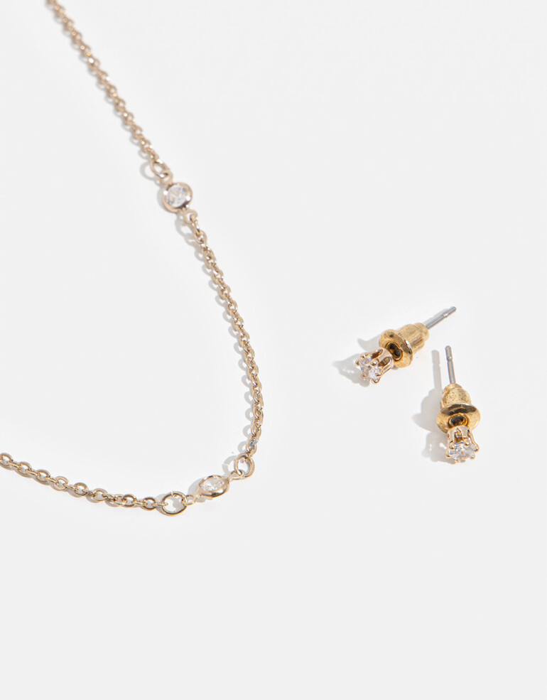 Bijouterie Set Strass Set De Collar Y Aros Pasantes - Dorado