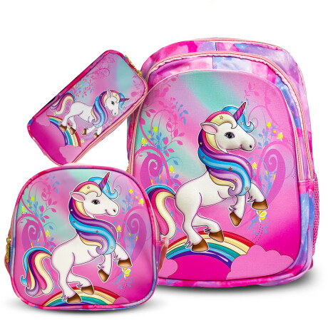 Mochila Escolar 3en1 Lunchera + Cartuchera Infantil Rosado Unicornio