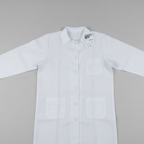 Túnica Escolar Niña Moña Azul Prendida Adelante con Puntillas en Bolsillos Blanco