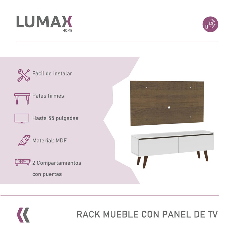 Rack TV mueble Lumax + panel rústico con estantes 55” Blanco/Marron