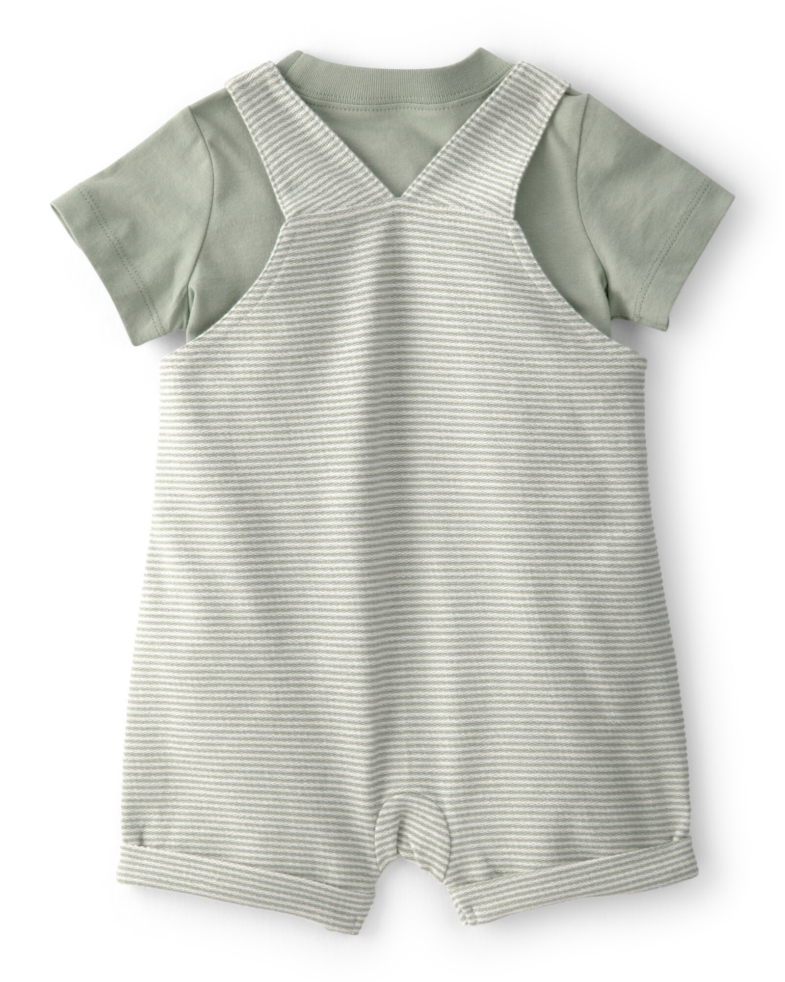 Set dos piezas de algodón, enterito corto y remera, diseño a rayas, verde Set dos piezas de algodón, enterito corto y remera, diseño a rayas, verde