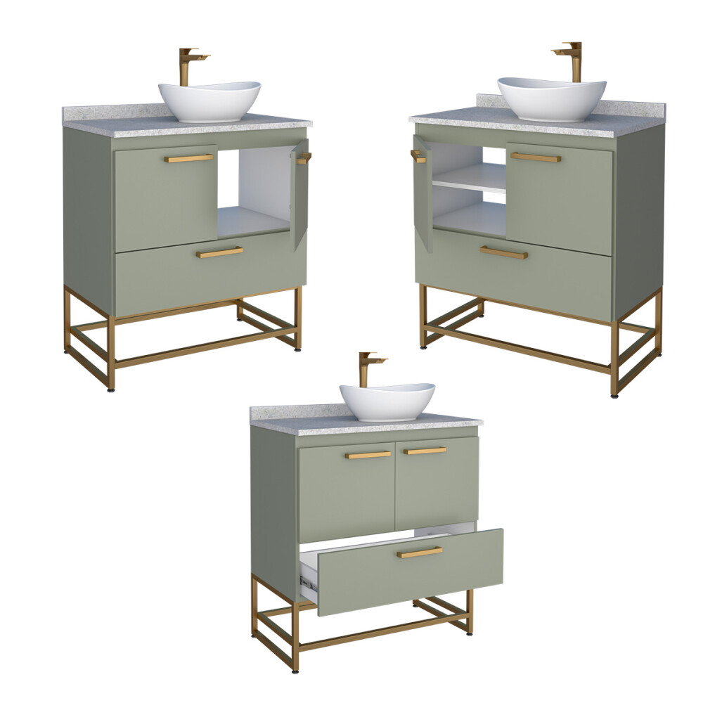 MUEBLE BAÑO EN MADERA CON PATAS SUEZ VERDE + ENCIMERA SIN BACHA Mueble Baño En Madera Con Patas Suez Verde + Encimera Sin Bacha