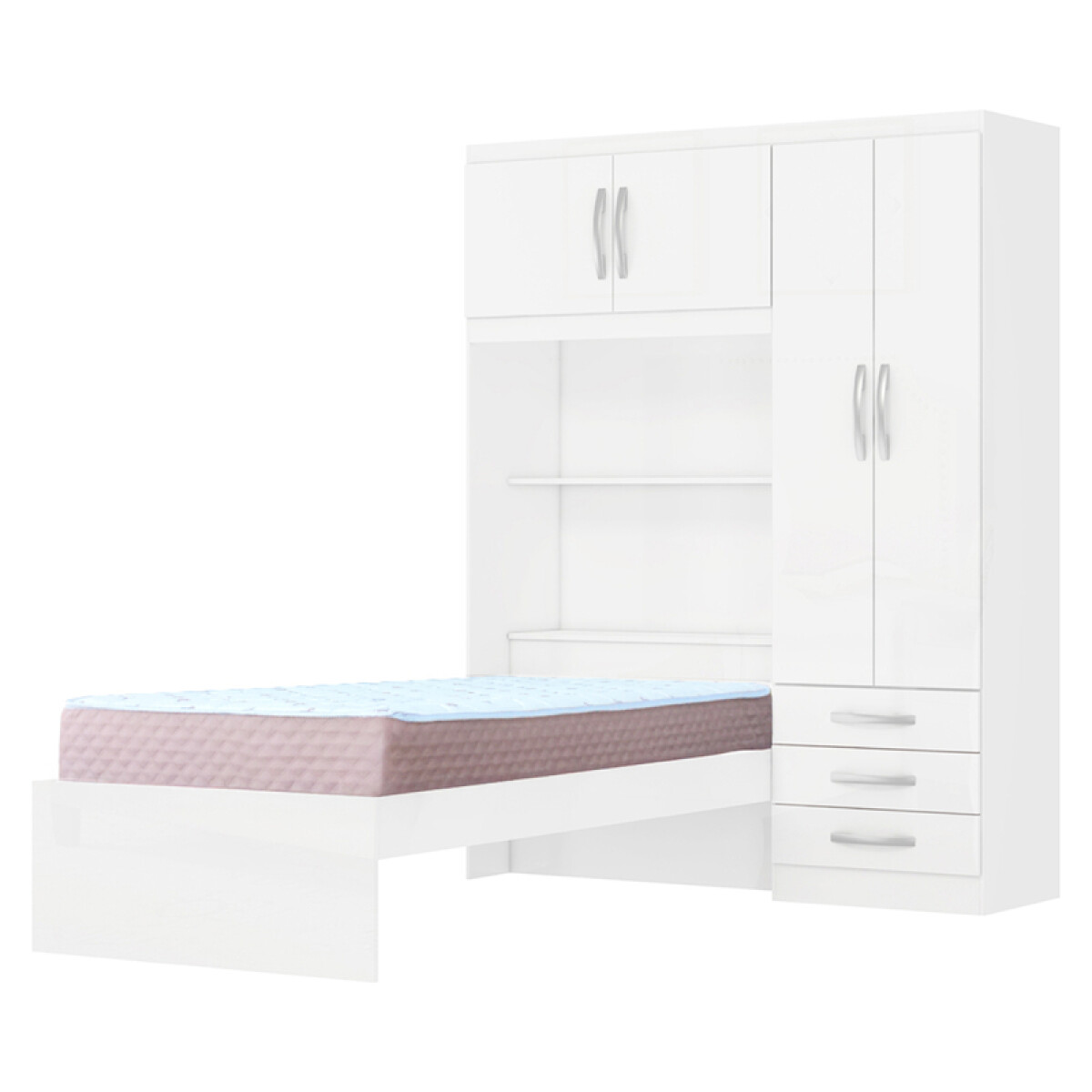 Juego de Dormitorio Ropero Lisboa 4 Puertas 3 Cajones Estantes Baúl con Cama Blanco y Colchón Roma Espuma 88 cm 
