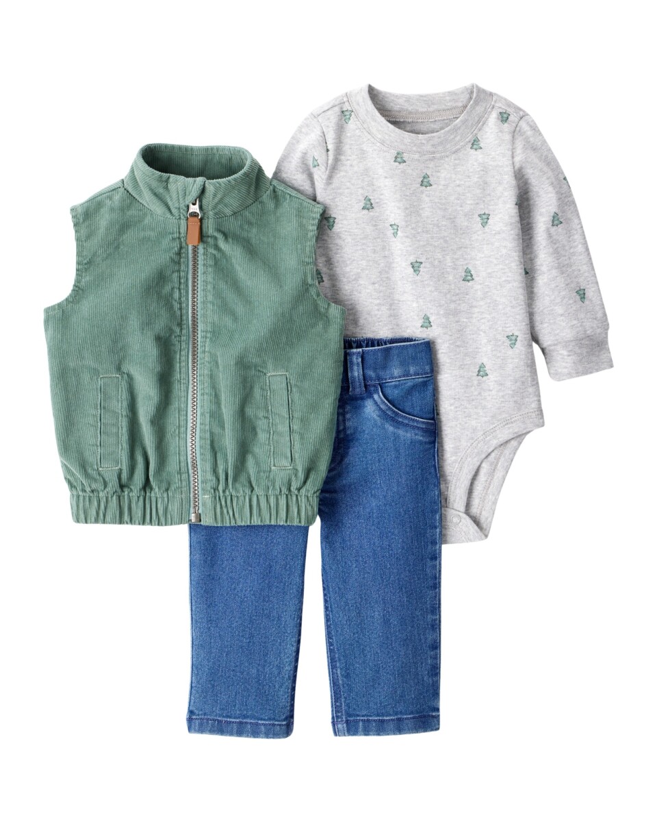 Set tres piezas, chaleco de pana, pantalón jean y body de algodón 
