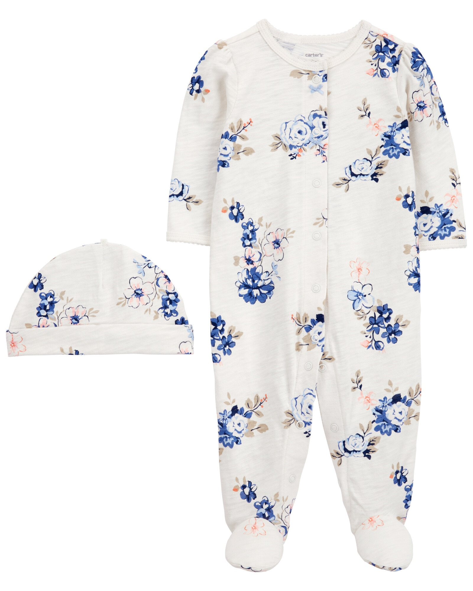 Pijama una pieza de algodón con pie y gorro, diseño floral Pijama una pieza de algodón con pie y gorro, diseño floral