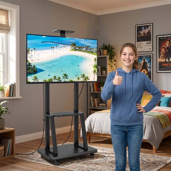 Soporte De Piso Para Tv Monitor 32 A 75 " Ruedas + Estante Color Negro