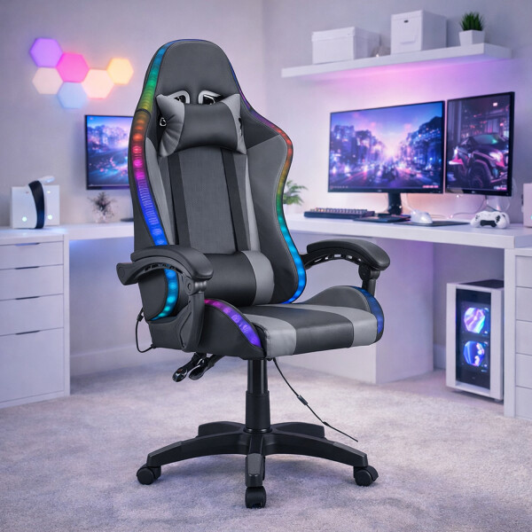 Silla Gamer Con Luces Led Rgb Ergonómica Y Reclinable 120kg GRIS