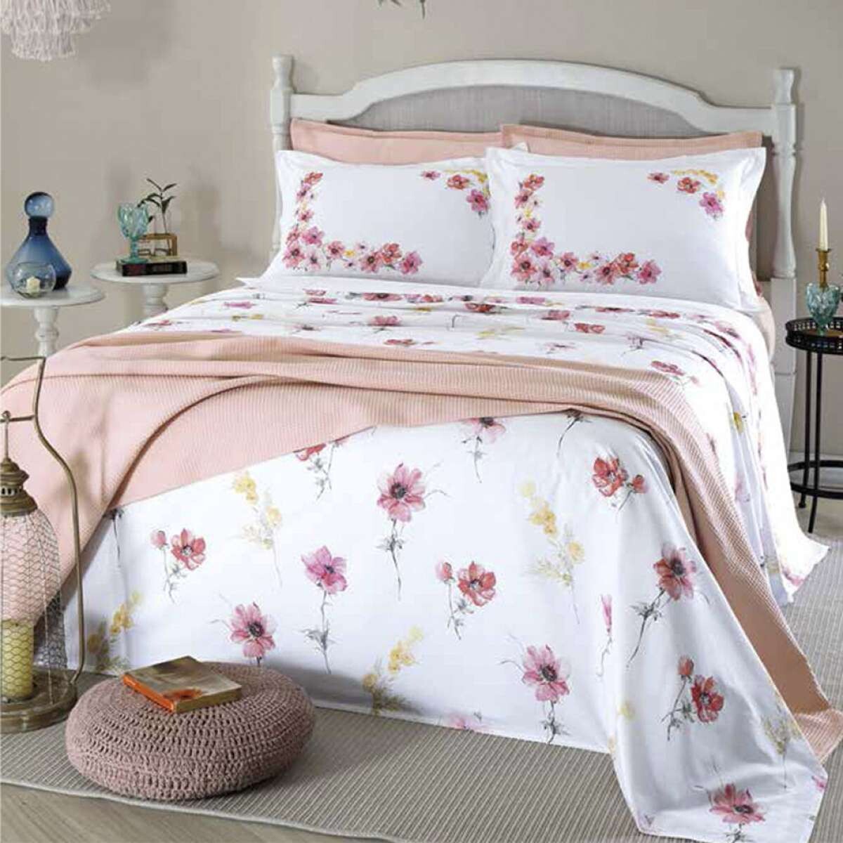 Juego Sábanas King Size Dohler 200 Hilos 100% Algodón - Flores Coral 