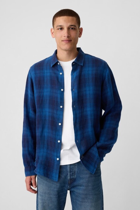 Camisa De Lino Hombre Dark Indigo Plaid