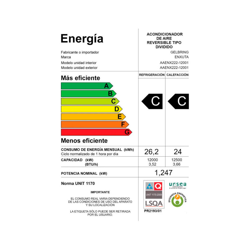 AIRE ACOND. ENXUTA AAENX222- 9001 BTU Gas R32 Clase ”C” N/A