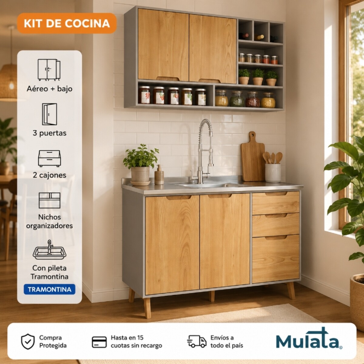 Combo de Cocina Wood Melilla Bajo Mesada Pileta Central y Aéreo con Piezas de Madera - Cinza 