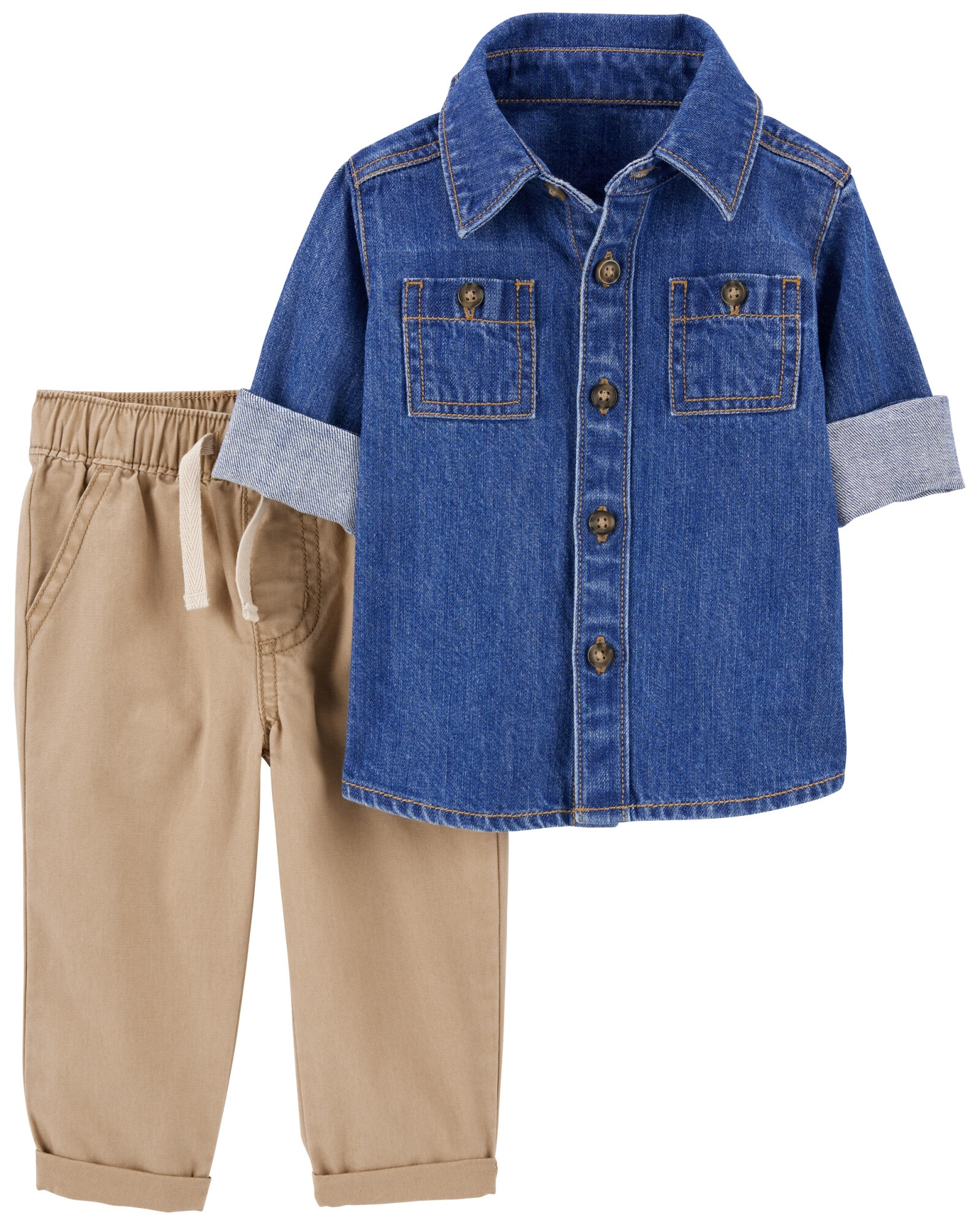 Set dos piezas, pantalón de lona y camisa jean Set dos piezas, pantalón de lona y camisa jean
