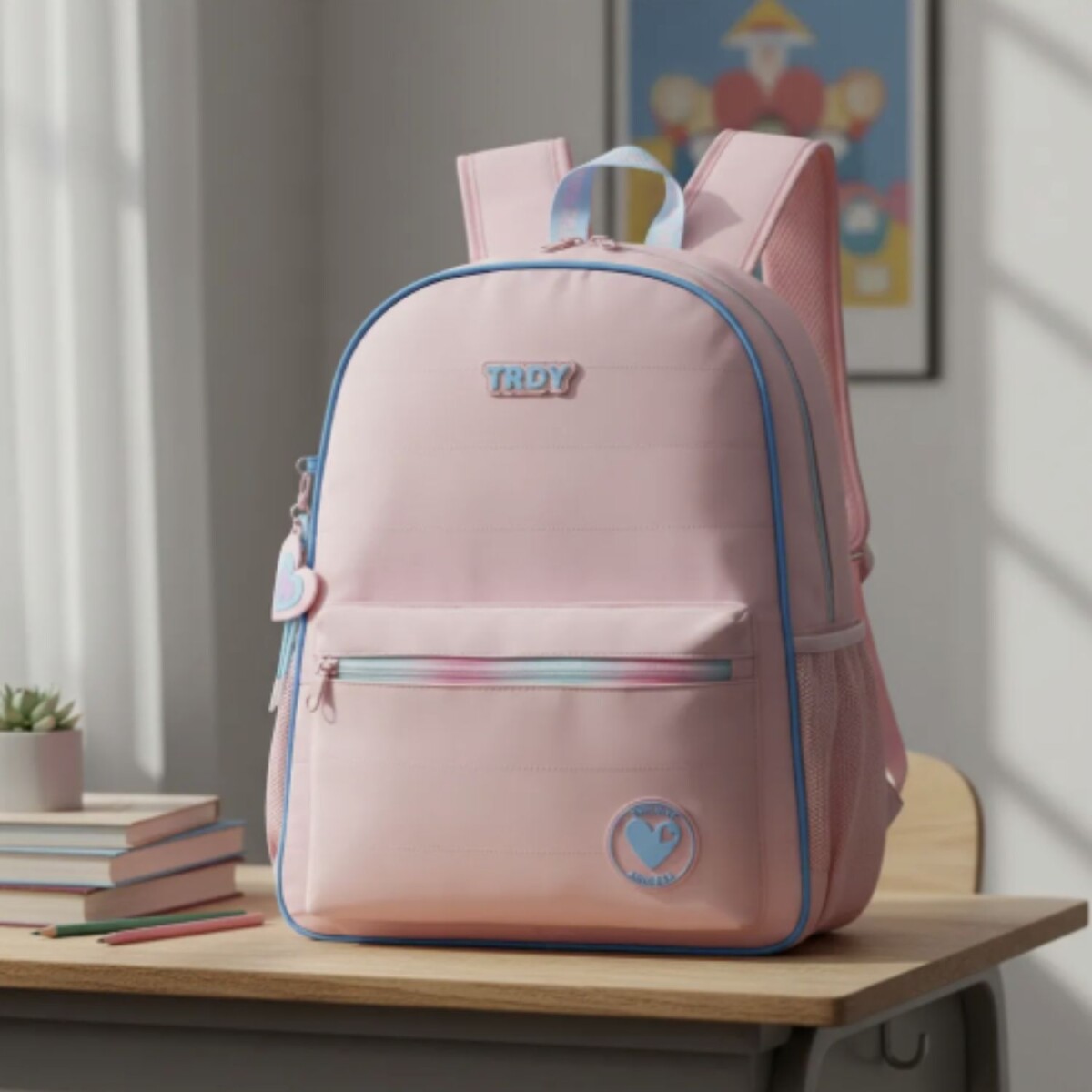 Mochila Trendy Escolar con porta botellas y llavero - Rosa 