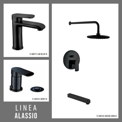 Juego Completo De Griferia Para Baño, Incluye Lavatorio Bajo Apertura En Frio, Bidet Y Ducha De Embutir, Negro Mate, Linea Alass GAMAS DE NEGRO