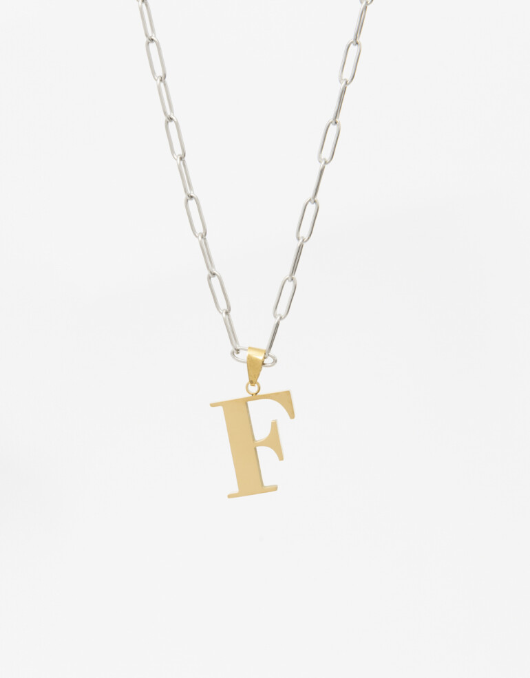 Cadena Corta con Dije Letras Cadena De Acero Inicial Letra "f" - Combinacion Bicolor