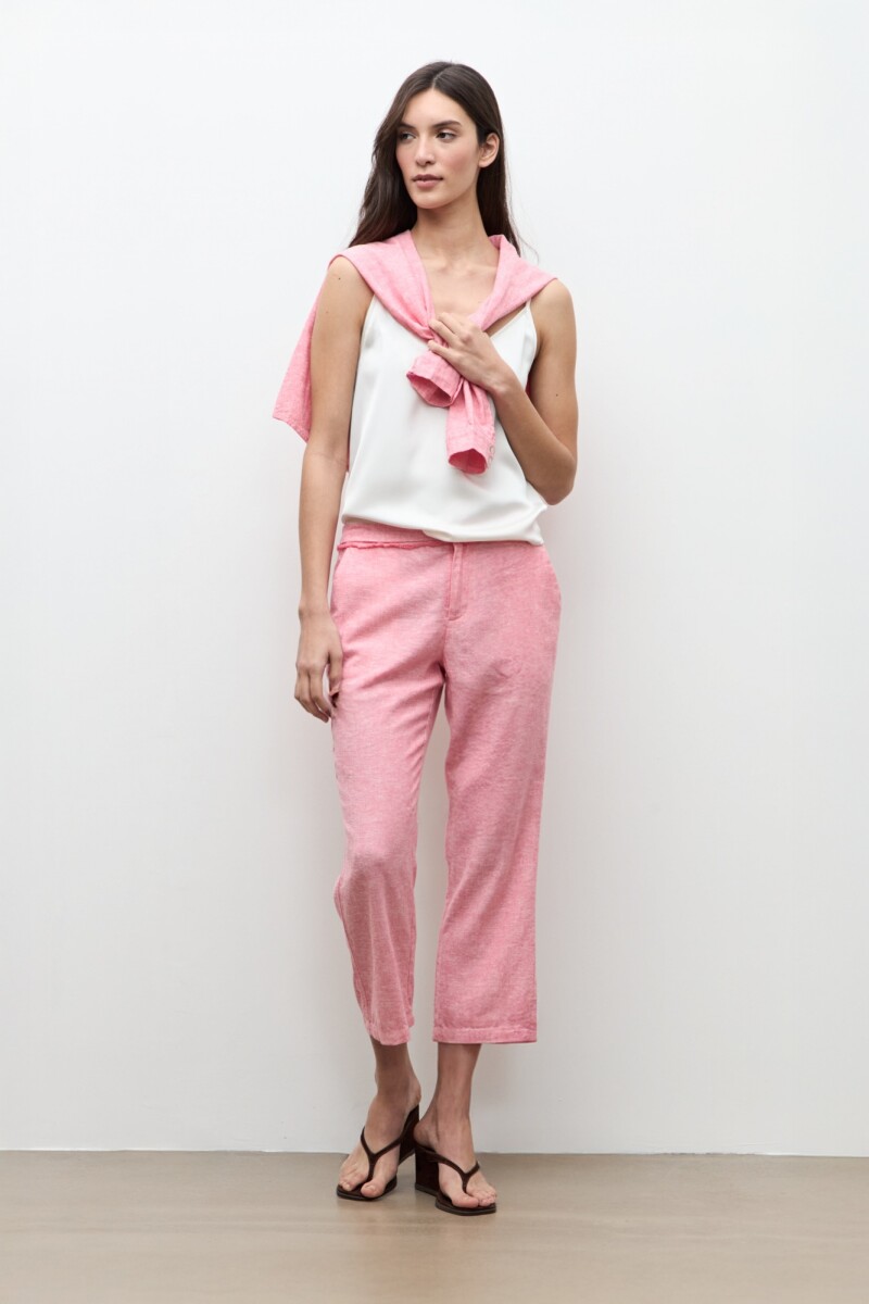 Pantalon capri lino detalle desflecado - rosado melange 