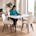 Juego De Comedor Mesa vidrio Símil Mármol + 4 Sillas Ecocuero Mesa blanca + 4 sillas blancas