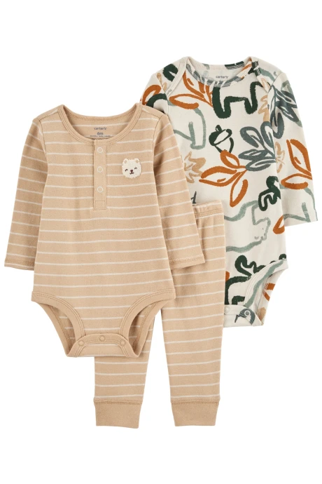 Set tres piezas de algodón, pantalón y bodies, diseño oso Set tres piezas de algodón, pantalón y bodies, diseño oso