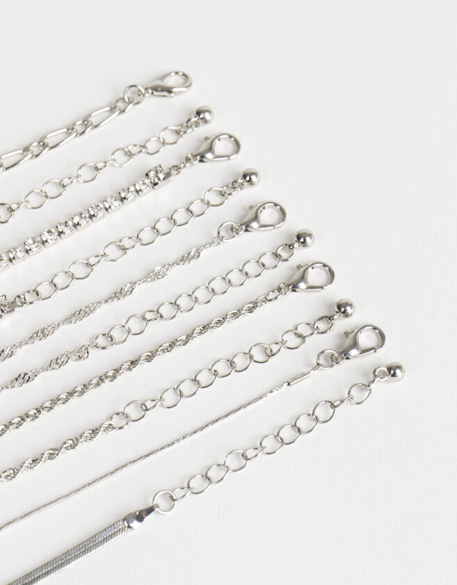 Pulseras Flexibles Sets Multi Cadenas Set De Pulseras Con Strass - Plateado