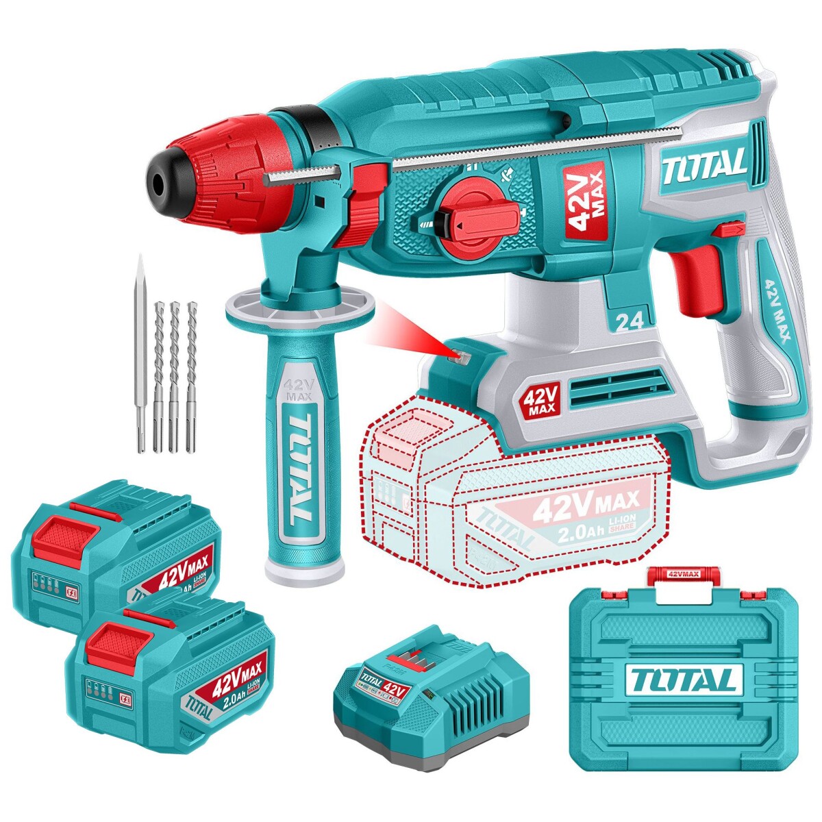 Rotomartillo Inalámbrico 42v Sds Plus Sin Carbones - 2 Baterías 2.0Ah, Cargador Y Maletín 