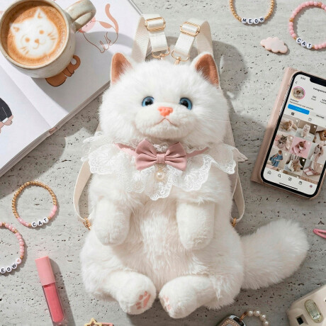 Mochila Peluche Gato Realista Bolso Animal Felpa Blanco