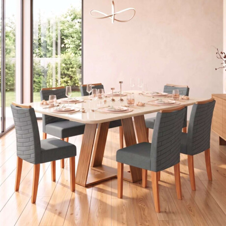 Juego De Comedor 6 Sillas + Mesa Vidrio Celeste Beige - Gris