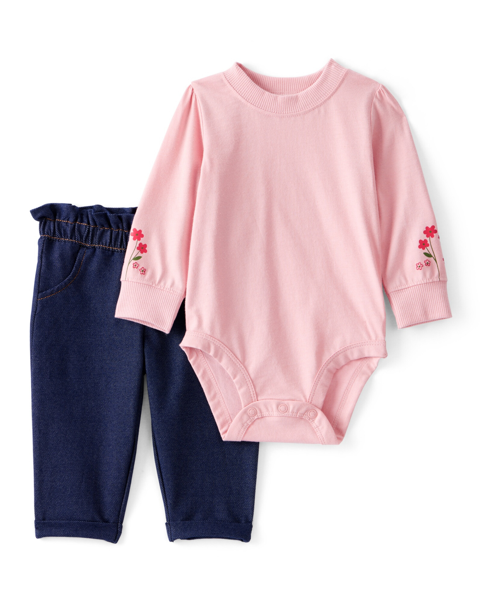 Set dos piezas, pantalón jean y body de algodón, bordado floral Sin color
