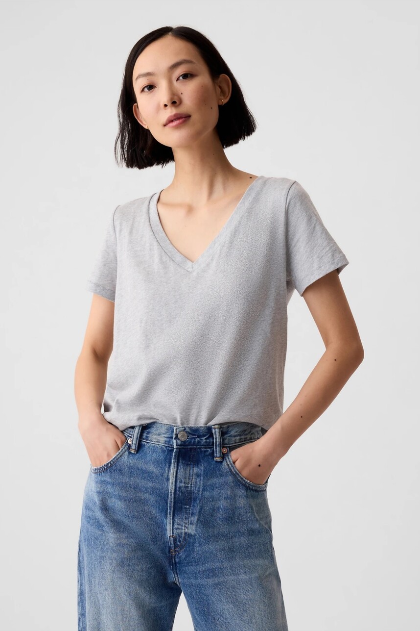 Remera Cuello V Algodón Mujer Heather Grey