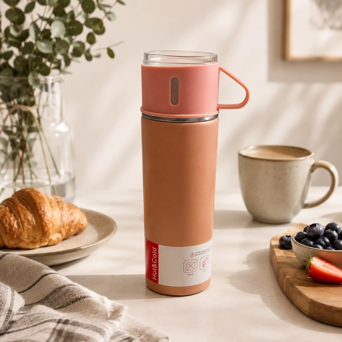 Termo con Taza en Acero Inoxidable 500ml - Rosado 