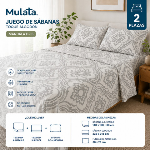 Juego De Sabanas 2 Plazas Toque Algodón Sommier Mandala Gris Juego De Sabanas 2 Plazas Toque Algodón Sommier Mandala Gris