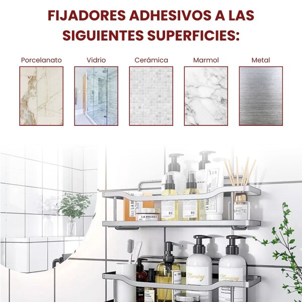 Estante Organizador Baño Ducha Set X2 Adhesivo Con Ganchos Imback Color Plateado Estante Organizador Baño Ducha Set X2 Adhesivo Con Ganchos Imback Color Plateado