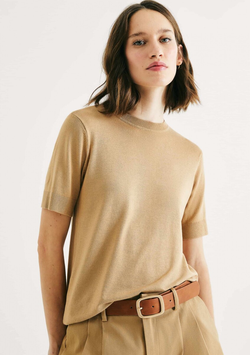 BLUSA DE MANGA CORTA EN PUNTO - MARRÓN 