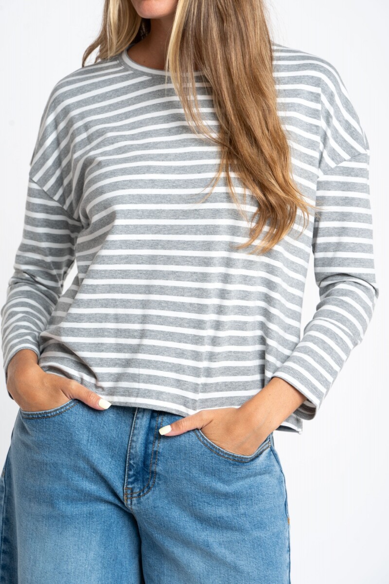 Remera Algodón Elastano Rayada Gris Melange