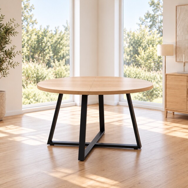 MESA DE COMEDOR REDONDA EXTENSIBLE A OVALADA MADERA CON BASE NEGRA EN METAL MESA DE COMEDOR REDONDA EXTENSIBLE A OVALADA MADERA CON BASE NEGRA EN METAL