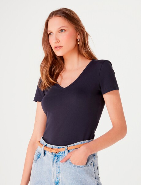 CAMISETA BÁSICA MANGA CORTA CUELLO EN V AZUL OSCURO