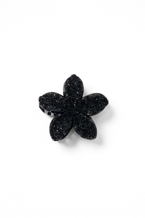 Broche acrílico hibisco glitter negro