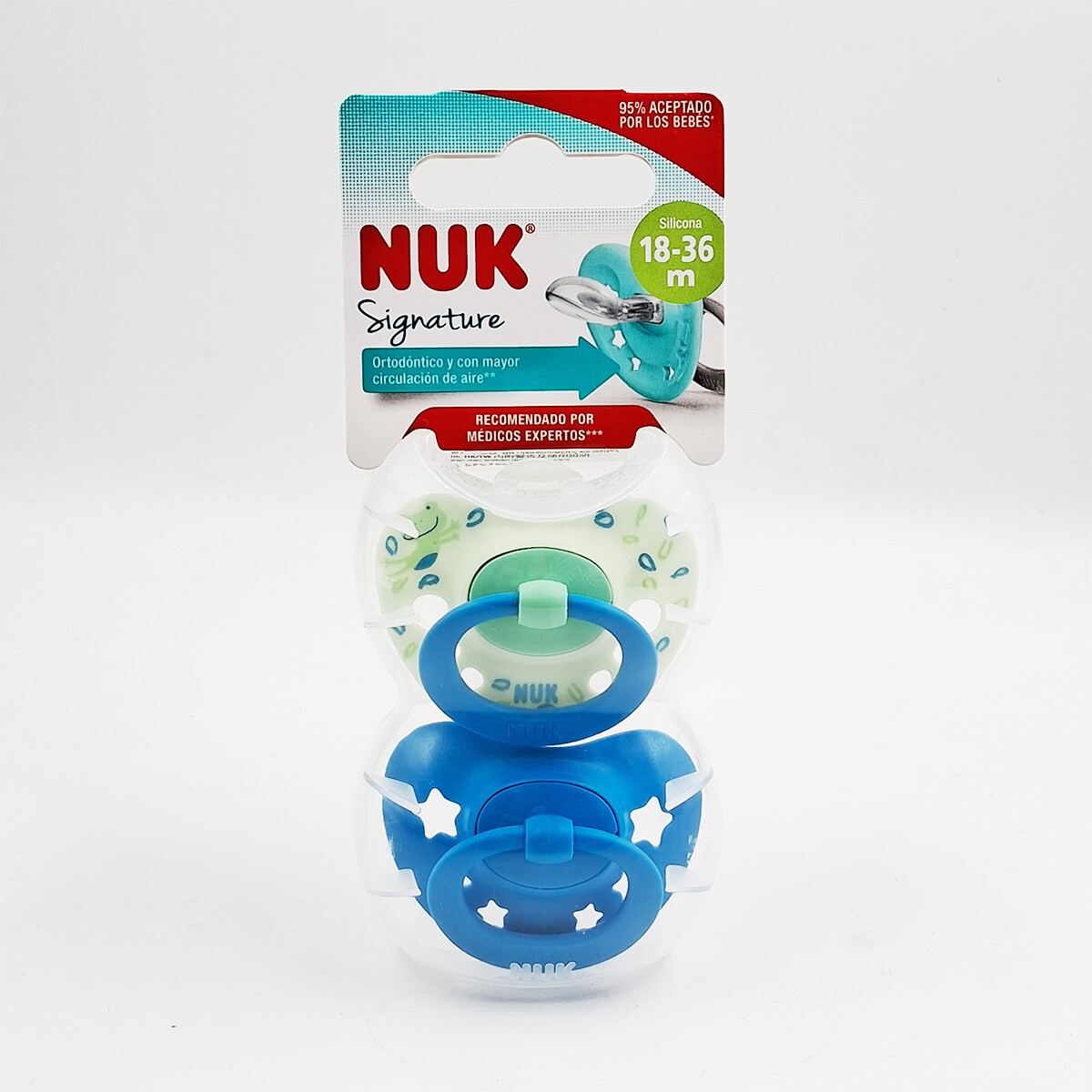 Chupetes Nuk x2 + Porta Chupete Línea Signature - 18-36 m verde y azul 