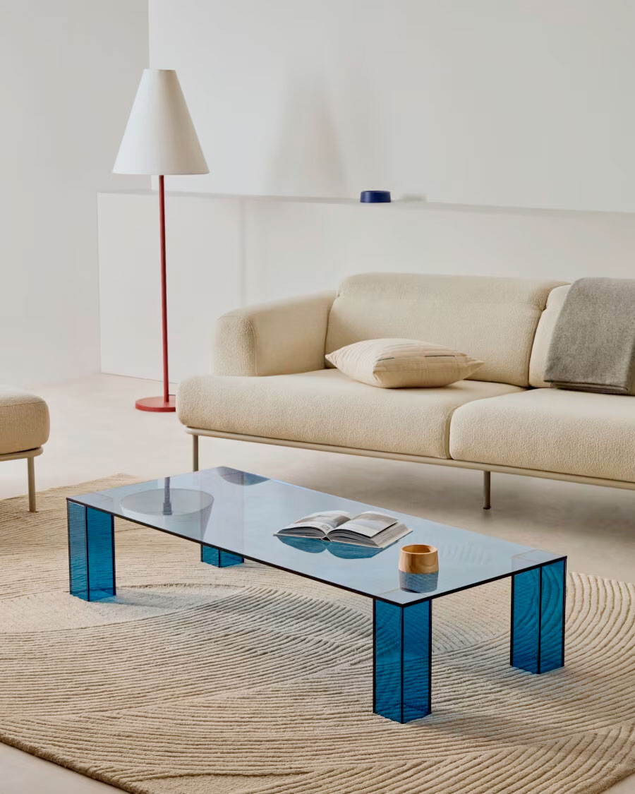 Mesa de centro Adularia de cristal templado azul 140 x 60 cm