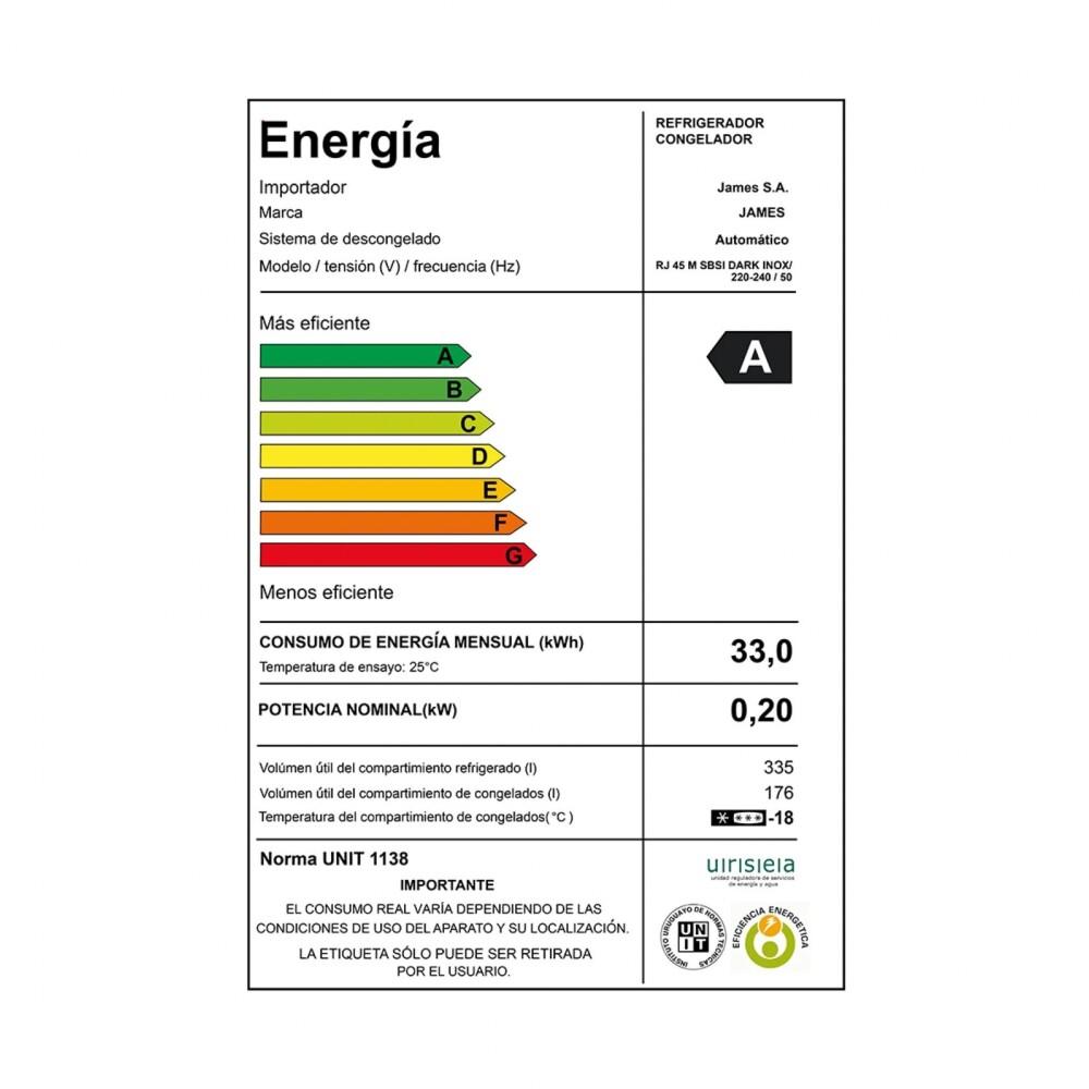 Heladera Dark Inox - Modelo RJ 45M SBSI - James Heladera Dark Inox - Modelo RJ 45M SBSI - James