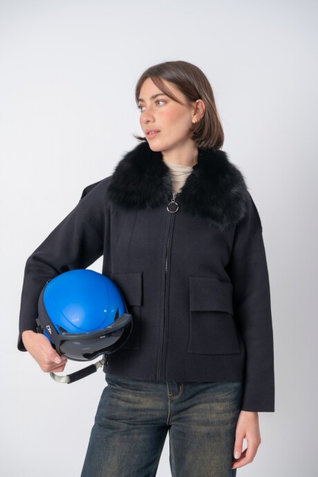 Campera tejida con piel Negro