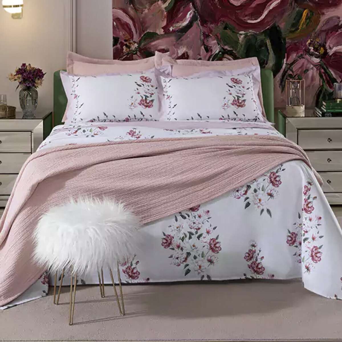 Juego Sábanas 1 Plazas Dohler 200 Hilos 100% Algodón - Flores Rojas 