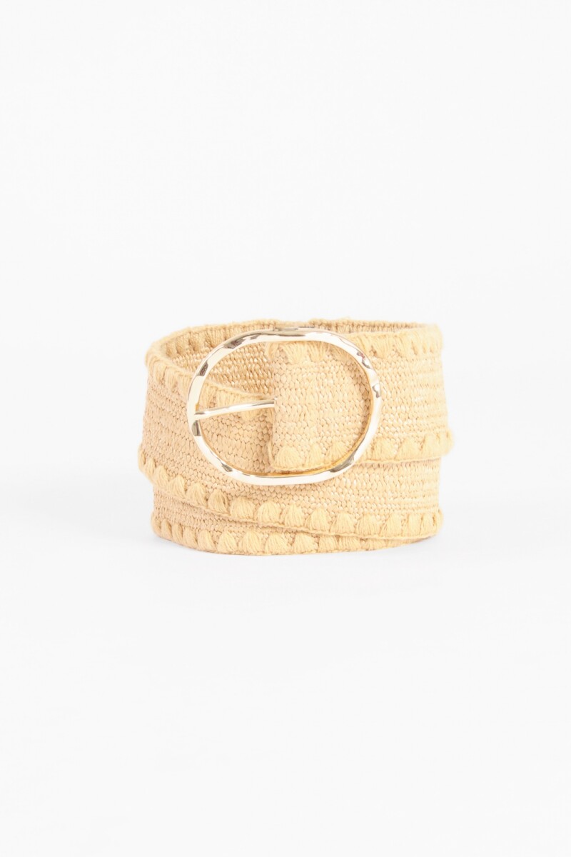 Cinturón elástico tipo rafia hebilla metálica beige