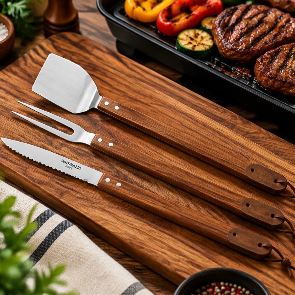 Set Asador 3 pzas Mango Madera Largo Set Asador 3 pzas Mango Madera Largo