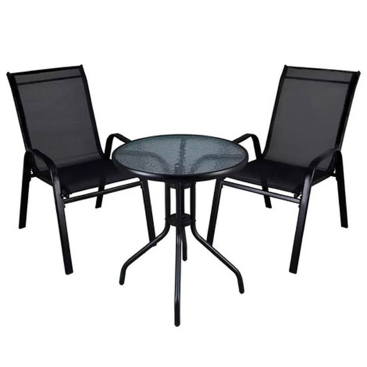 Set Juego Jardín Mesa Vidrio + 2 Sillas Exterior - Negro 